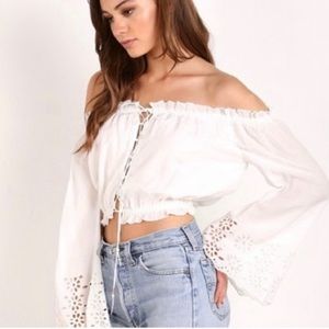 Winston White Eyelet Crop Top Romantic Cottagecore Bell Sleeves Lace Front M